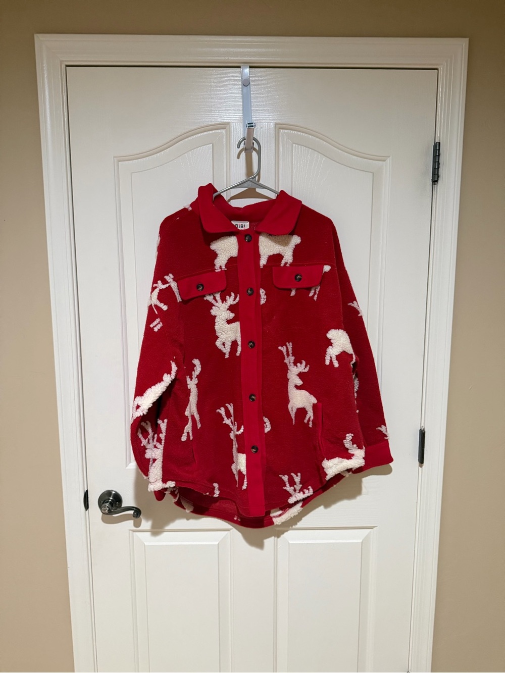 BiBi Red Sherpa Jacket with Cream Reindeer Motifs